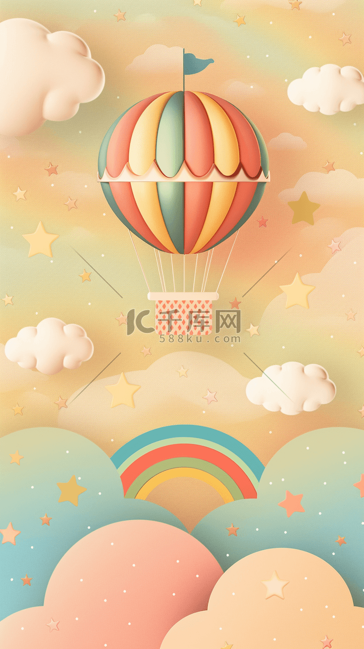 夏日粉彩卡通3D热气球背景