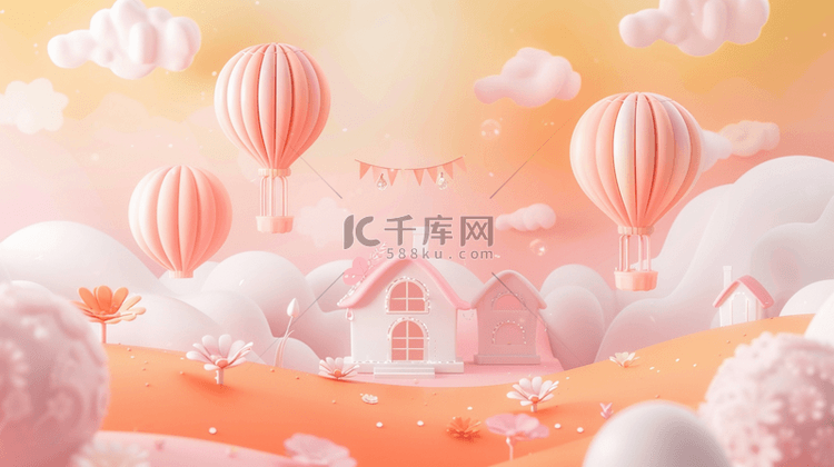 六一粉色梦幻花朵热气球小木屋电