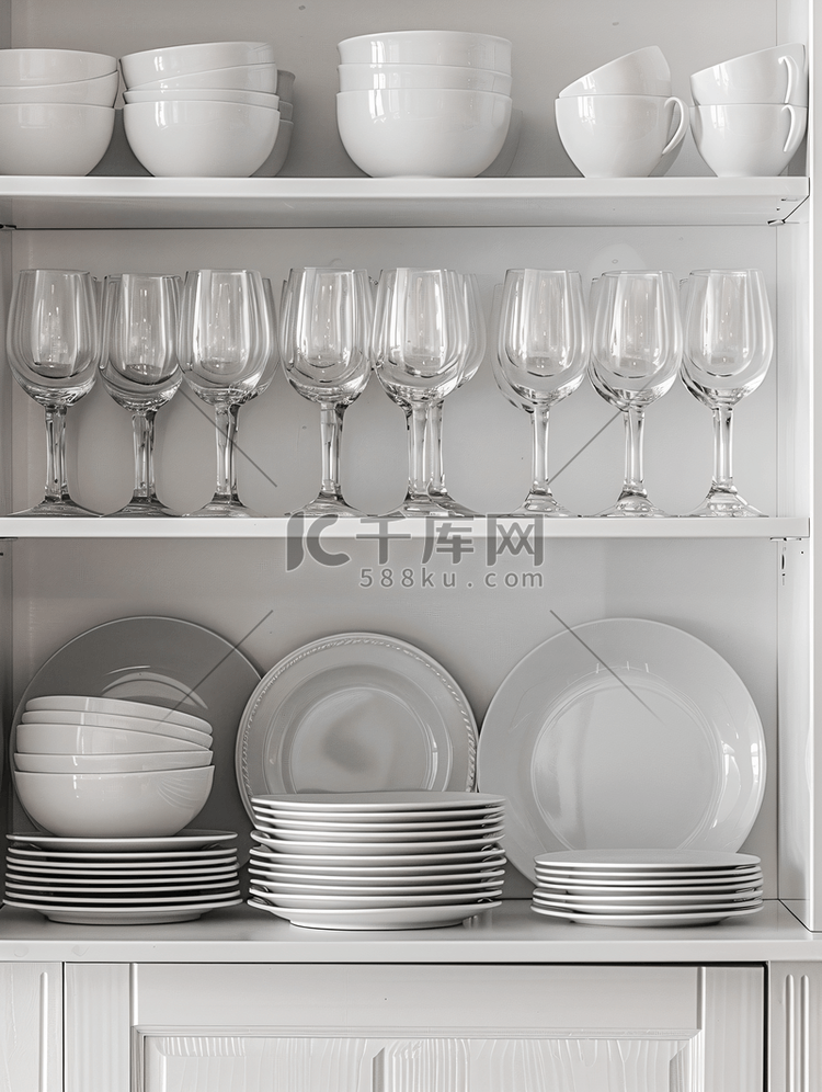 厨房柜子架子上的一套盘子、杯子