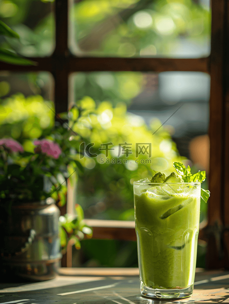 透明玻璃杯中的冰抹茶绿茶饮料