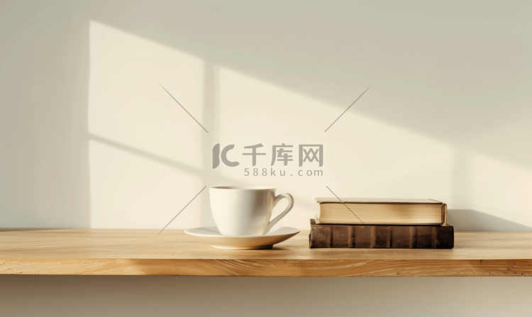 木桌上的书和咖啡杯