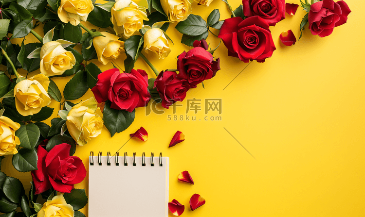 空白台历和新鲜的红色和黄色玫瑰