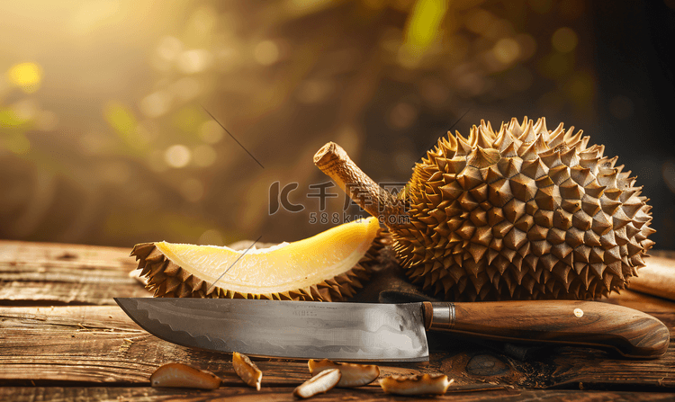 水果之王榴莲用刀在木质背景上