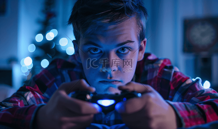 一位年轻玩家用操纵杆玩视频游戏