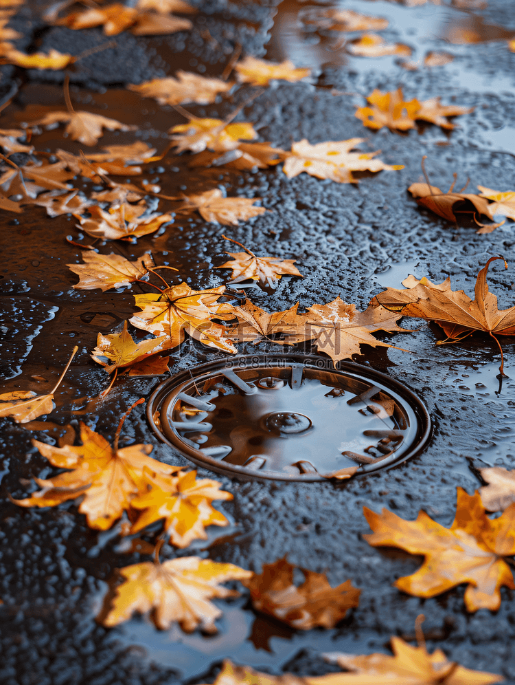 落叶覆盖车轮轨道上的雨水坑