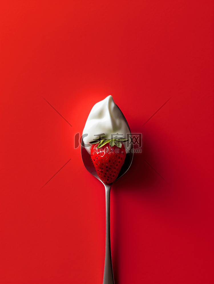 红色背景勺子上的酸奶和草莓