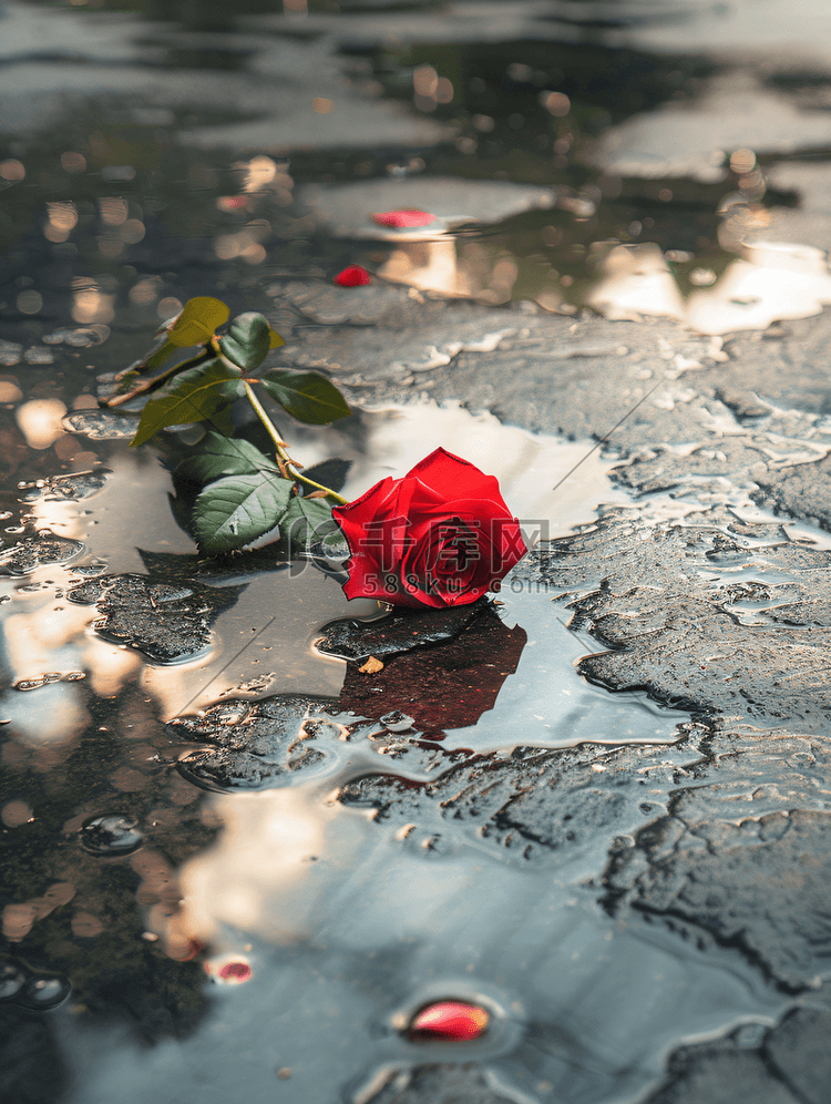 在路人的背景下一朵玫瑰躺在水坑