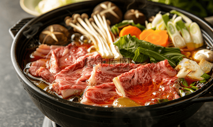 寿喜烧或涮锅黑汤配肉和蔬菜