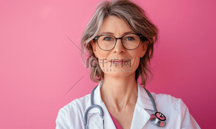 中年女医生戴眼镜和听诊器