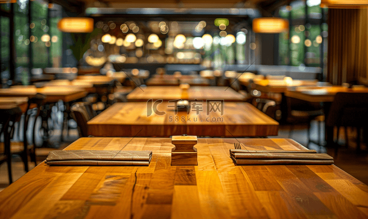 顶桌与模糊餐厅背景木桌
