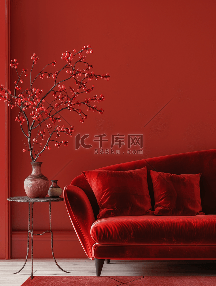 装饰房间配有红色天鹅绒沙发和桌