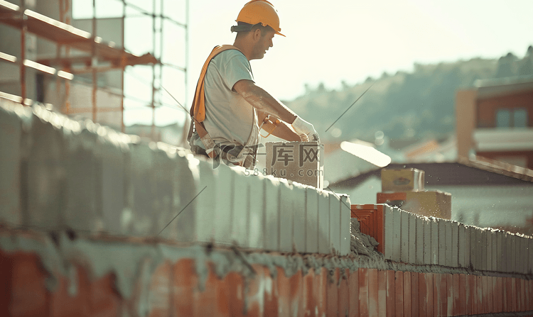 工作在砖墙建造场所的瓦工