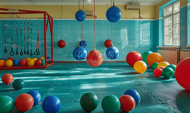 体操器材和彩色塑料球室内健身房