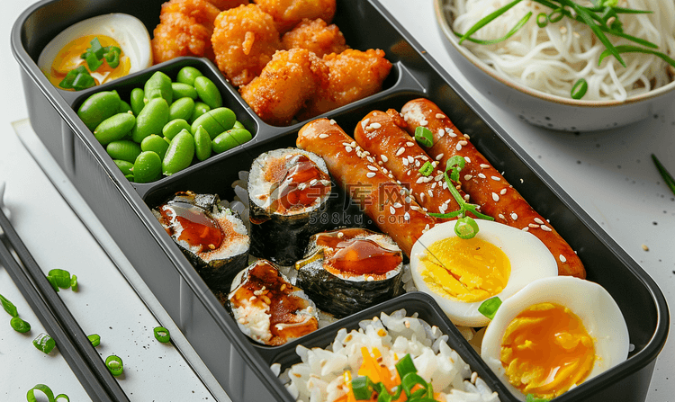 日式便当盒内含蛋块、毛豆和照烧