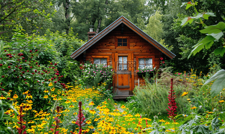 杂草丛生的花园里的小木屋