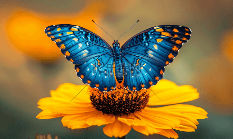 大自然中一只蓝色蝴蝶坐在黄花上