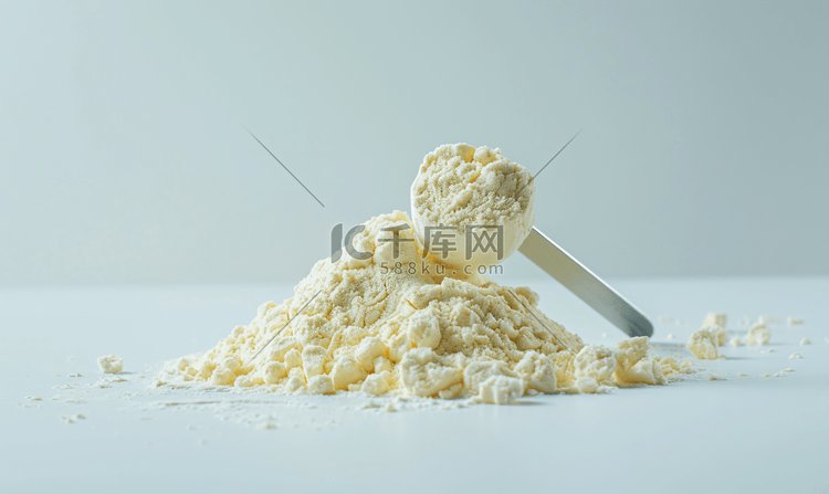 白色背景上一堆带量勺的蛋白粉