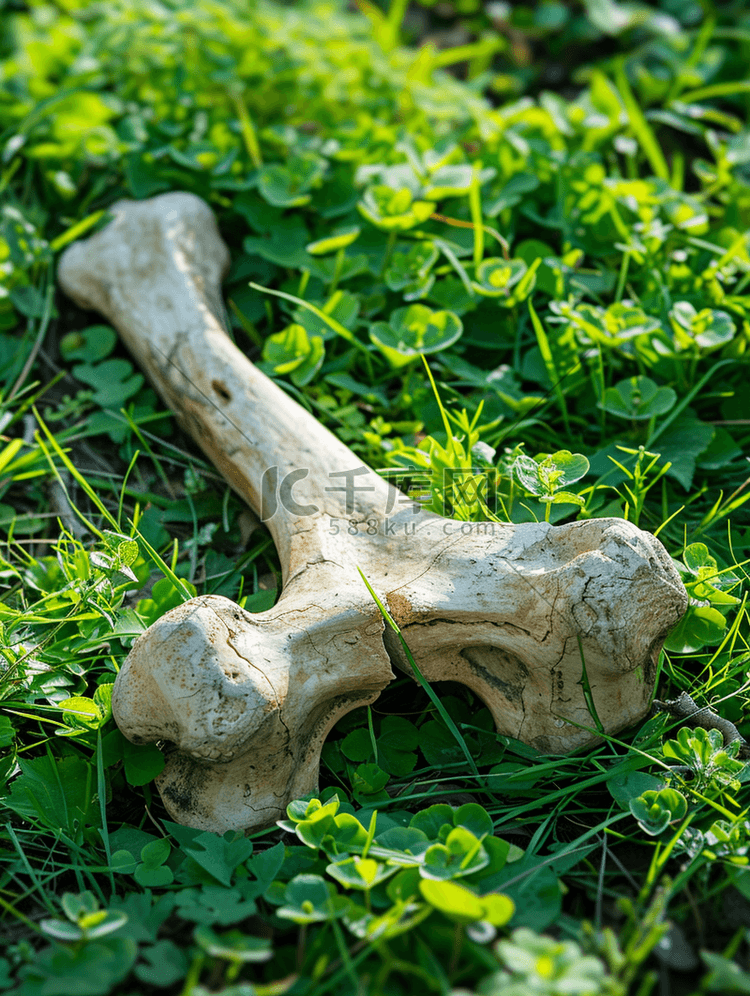 一块被啃过的大动物骨头躺在绿草