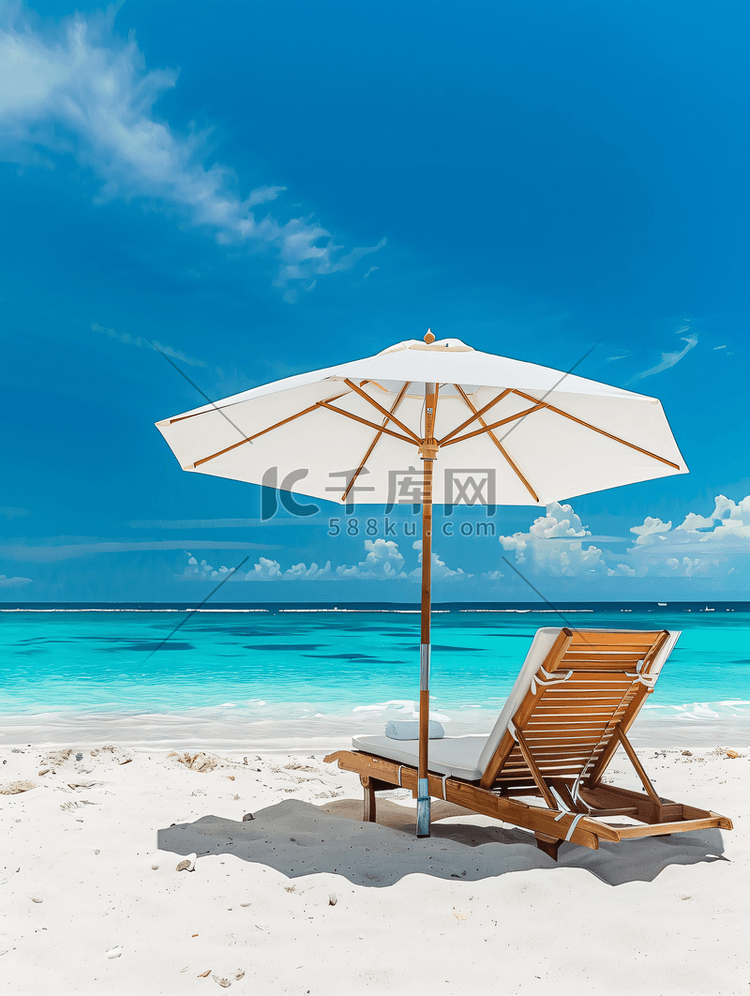 白色沙滩椅和伞在热带海滩上与蓝