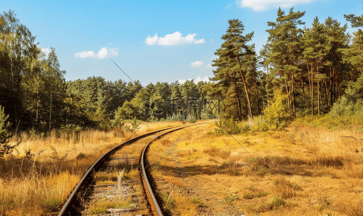 夏日铁路在干黄草上绕过森林的角