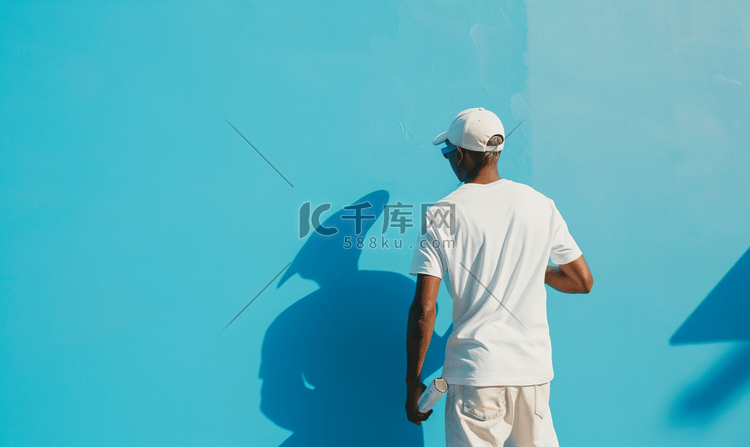 画家正在粉刷室内墙壁蓝色