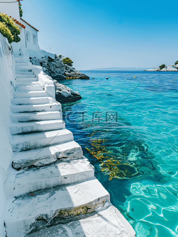 希腊岛屿的原始海湾景观有通向水