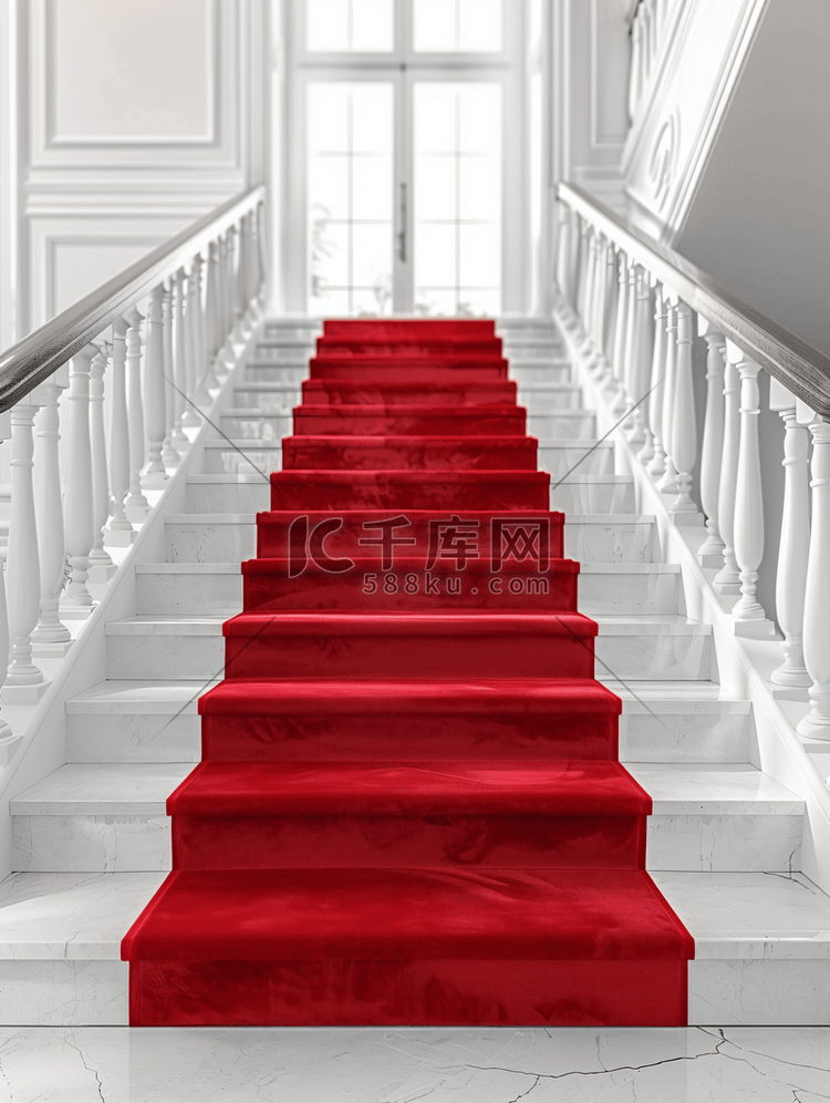 楼梯上铺有红色迎宾地毯