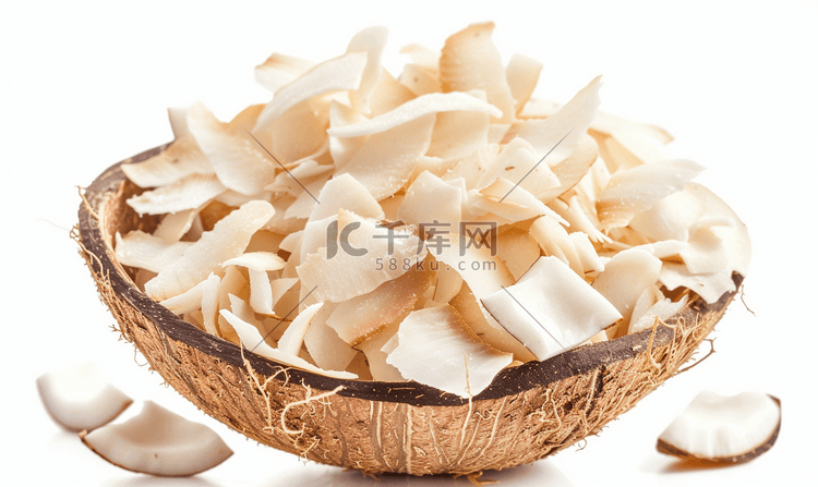 白色背景下壳中的椰子片