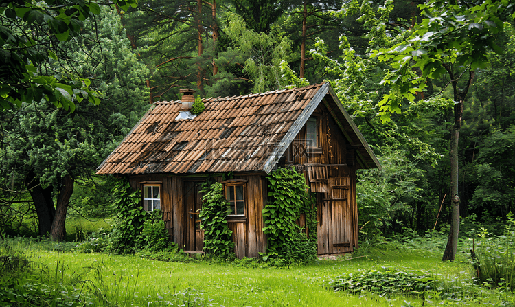 杂草丛生的花园里的小木屋