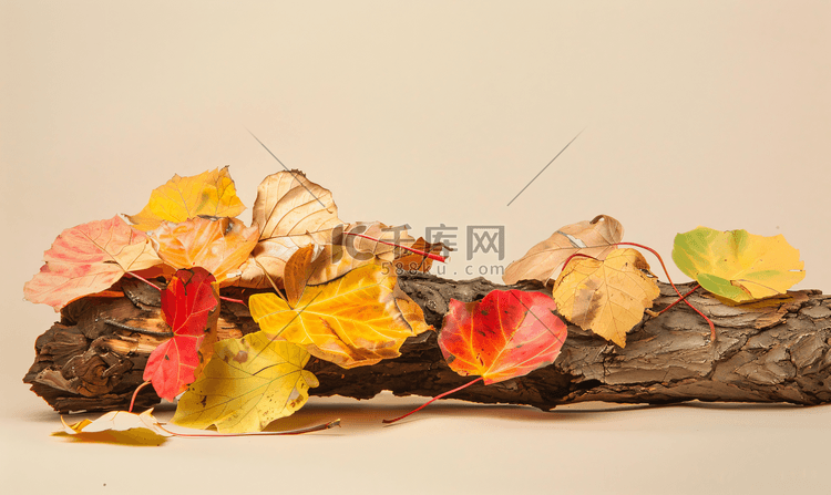 多彩的秋叶和锯木