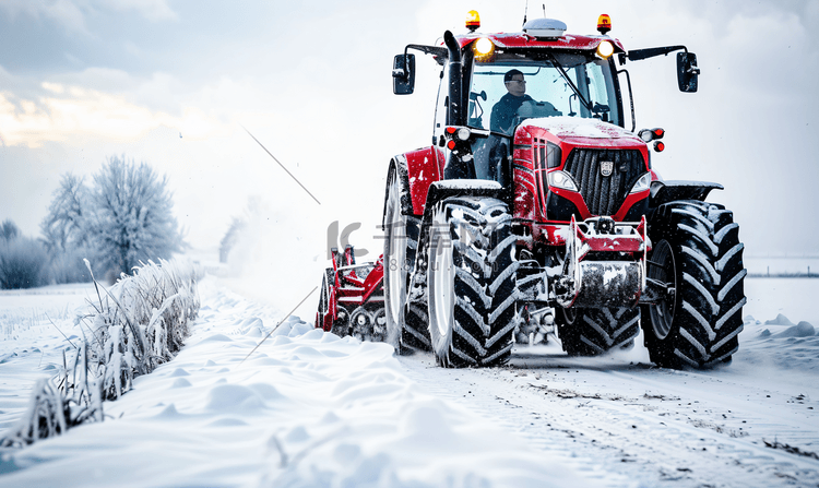 拖拉机在冬季降雪期间清理道路上