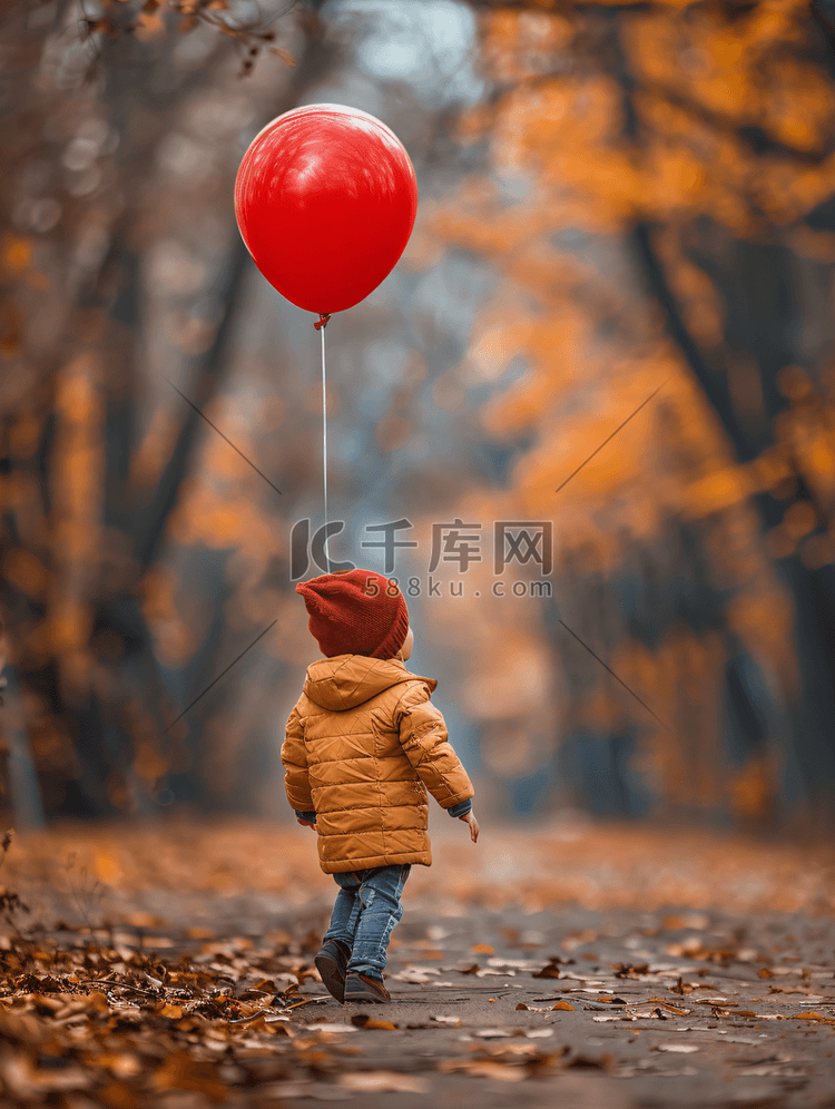 秋天公园里带着红气球的可爱孩子