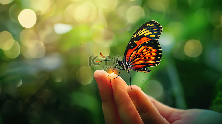 蝴蝶动物手指触摸摄影照片