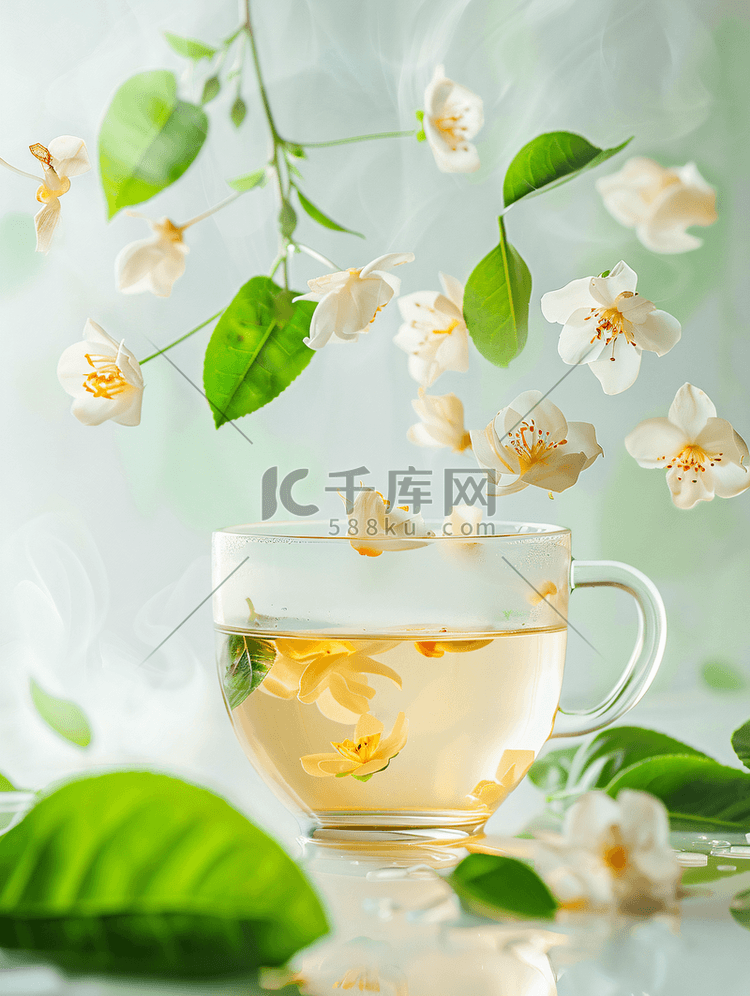 茶叶漂浮在杯中配以茉莉花