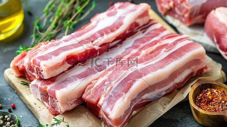 新鲜的猪肉放在桌子照片