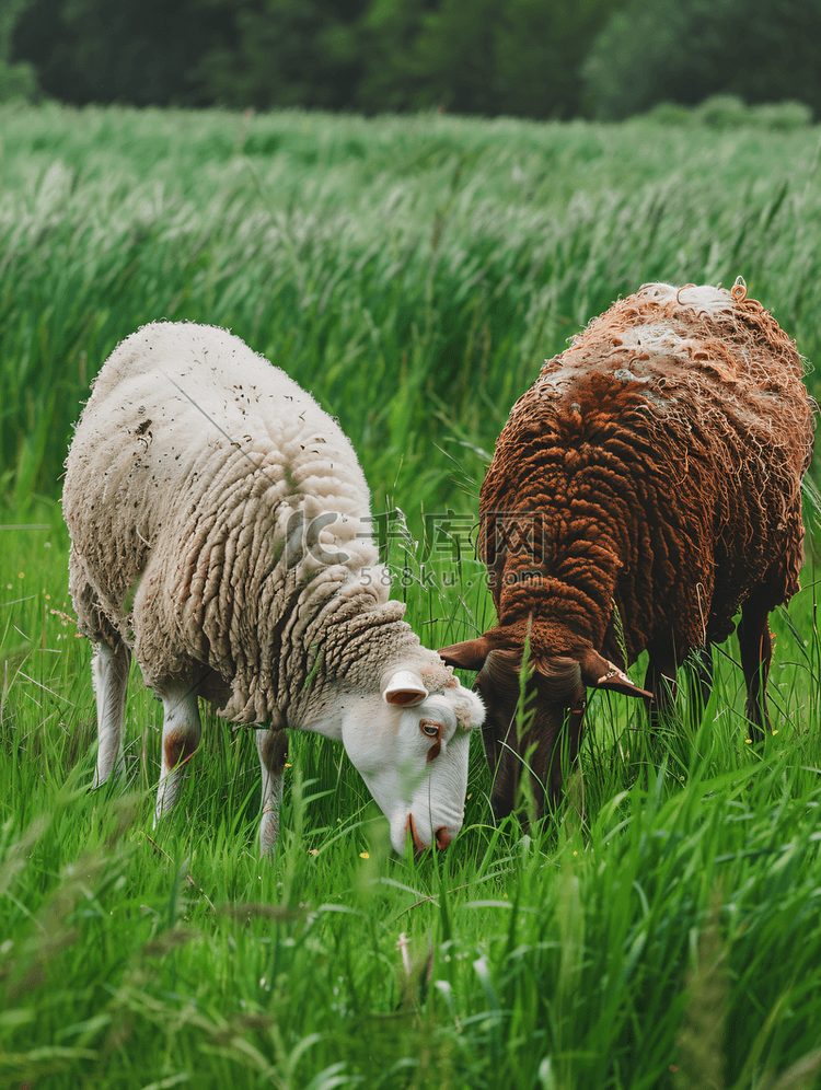 家养的白羊和棕羊在草地上吃绿草