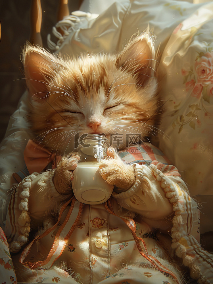 小猫抱着奶瓶睡觉照片