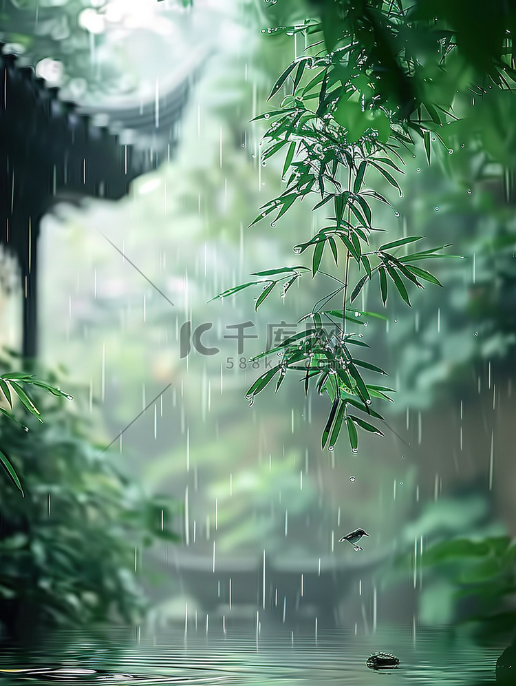 庭院竹林雨水下雨天图片