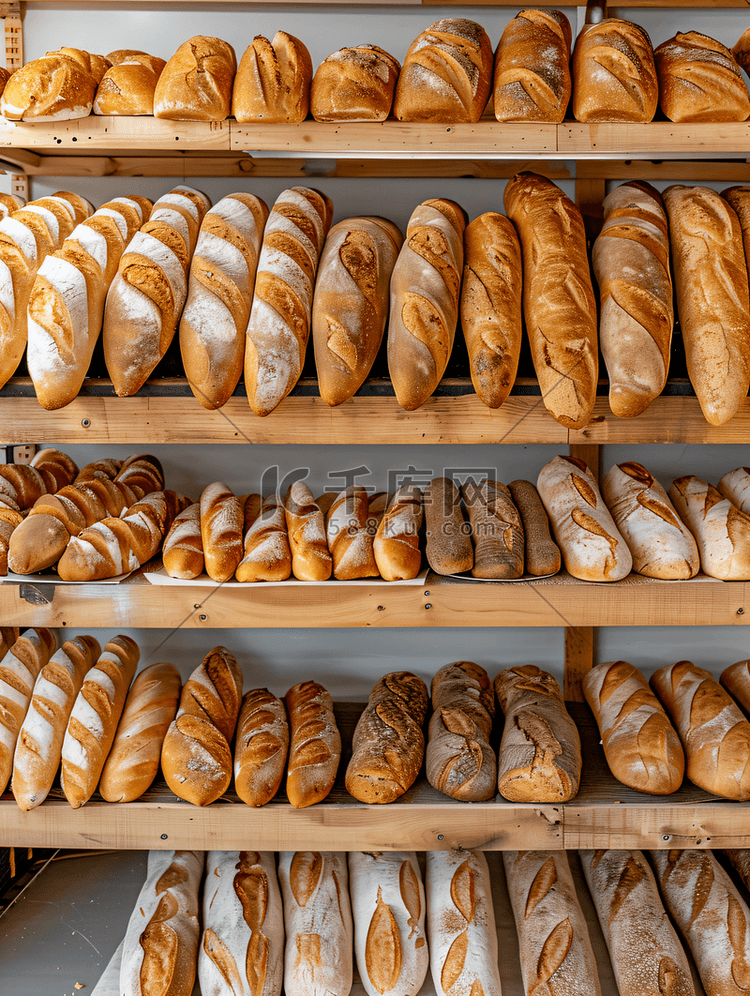 面包店货架上出售的法式面包的顶