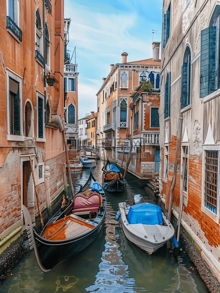 拥有古老房屋和船只的威尼斯水道