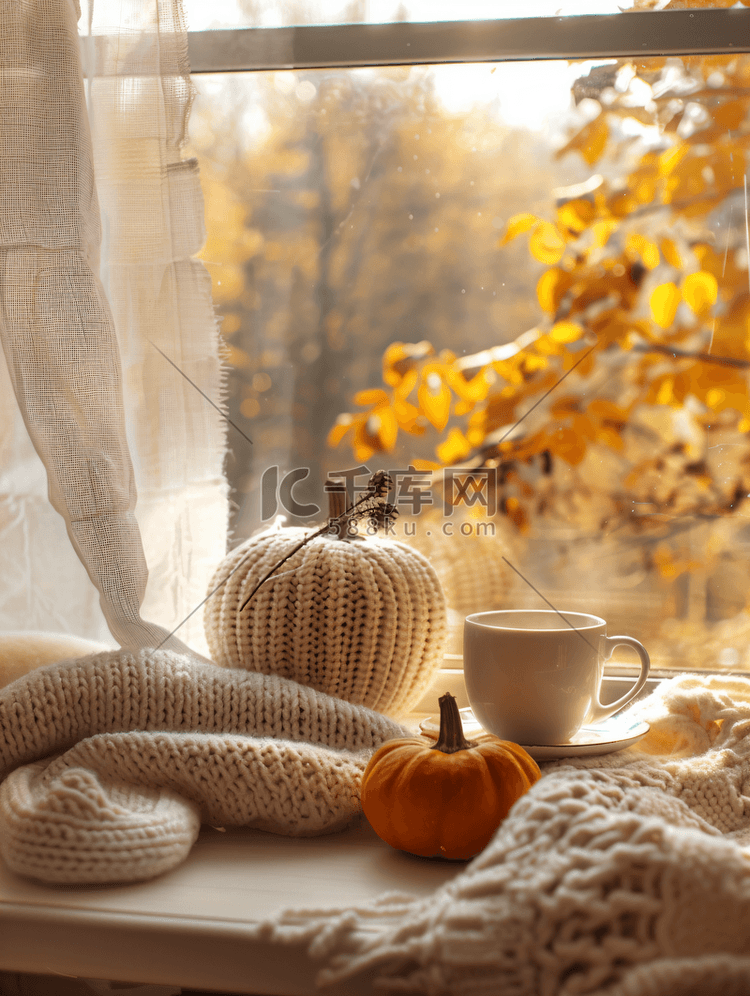 舒适的秋季组合毛衣天气南瓜热茶