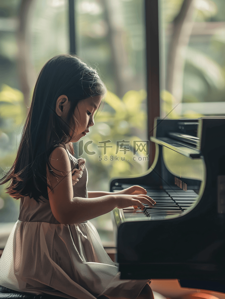 小黑头发女孩在教育课上弹钢琴校