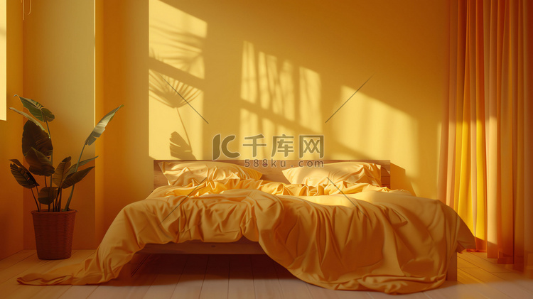 室内床铺暖色阳光摄影照片