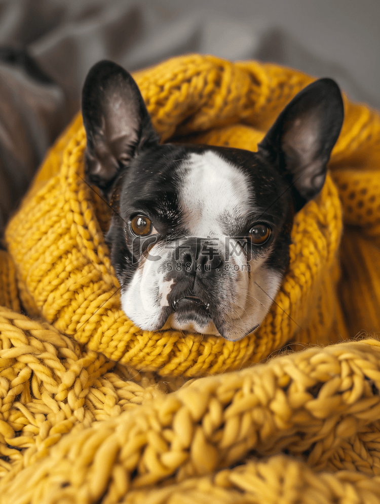 一只波士顿梗犬在家裹着温暖舒适