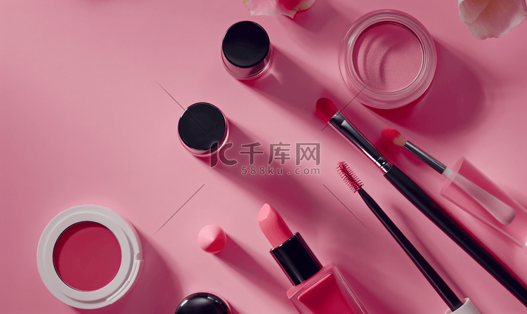 粉红色背景上的化妆品和美容产品