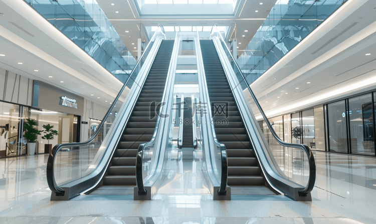 购物中心的自动扶梯与白色地板隔