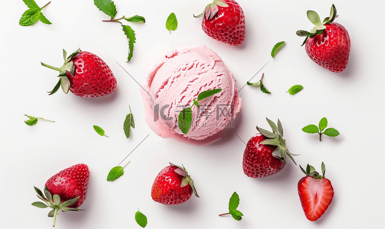 白色背景上从顶部舀出的草莓冰淇