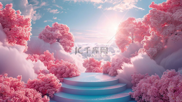 粉色展台云朵合成创意素材背景