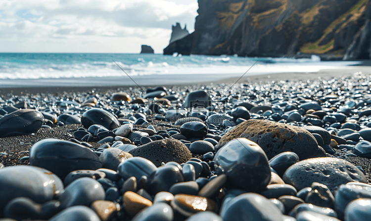冰岛雷尼斯黑沙滩的鹅卵石和岩石