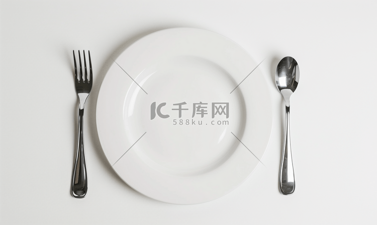 白色盘子的顶视图上面有白色餐具